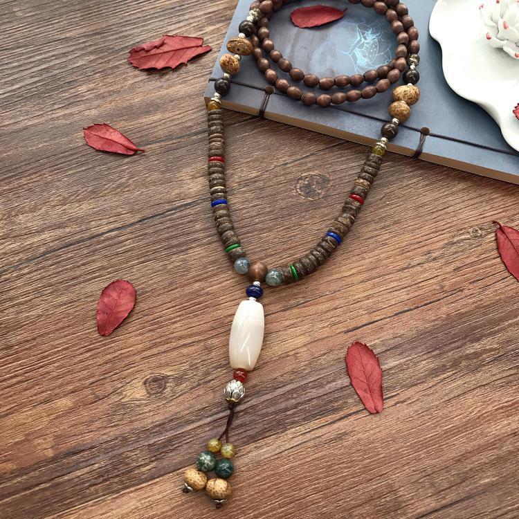 Colier lung etnic retro nepalez cu aripi de pui din lemn și margele Bodhi - Accesoriu de modă unisex