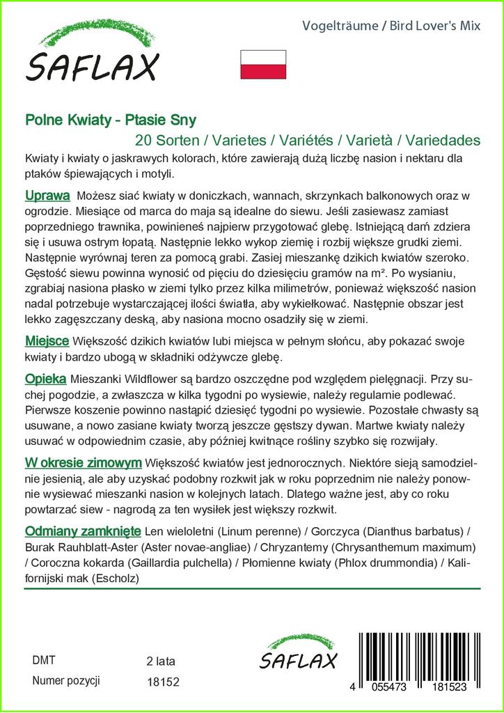 SAFLAX Bird Lover's Mix - 1000 Seeds - 20 Wildflower Mix