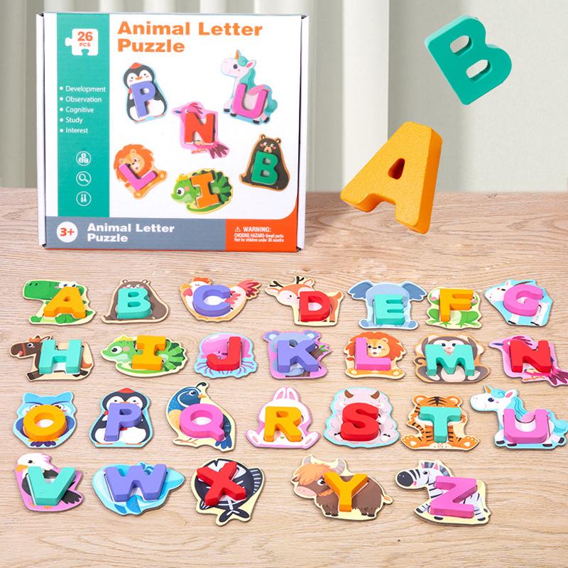 Wooden Animal Letter Puzzle Set, 26 Letters And Patterns Matching Puzzle, Alphabet Letter And Words Learning Toy