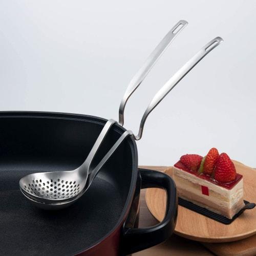 IMEEA Hot Pot Ladle Set, 31cm Long, with Ladle, Serving Spoon, and Slotted Ladle, Made of 18-8 Stainless Steel, Set of 2, Dishwasher Safe