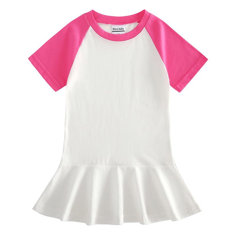 Korean Summer Cartoon Pleated Dress for Girls - Short Sleeve Color Block Skirt Style