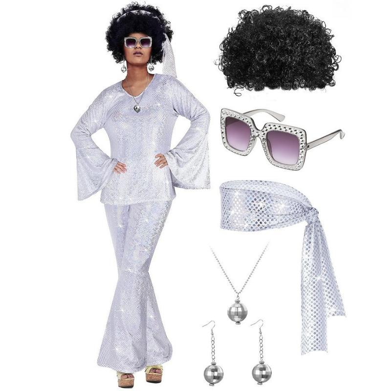 Damen Disco Outfit Kostüm Disco Party Oberteil Hose Sonnenbrille Kugelkette Ohrring Perücke für Halloween Silvester L weiß