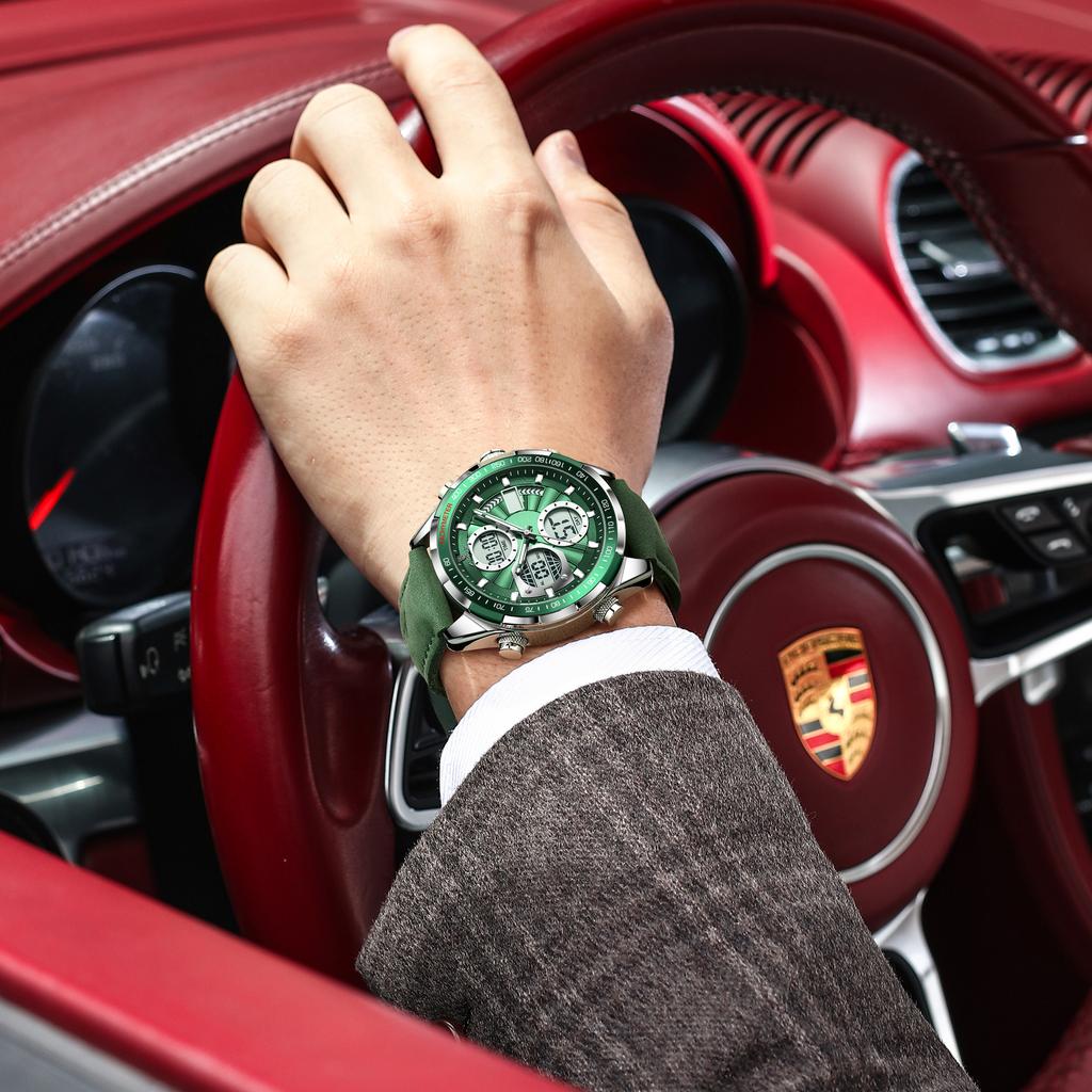 POEDAGAR E108 Practical Business Men's Dual Display Watch Leather Strap Waterproof Casual Fashion Male Wristwatch Gift