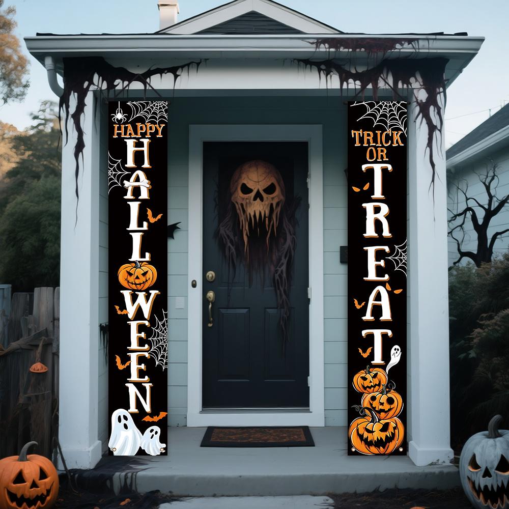 Halloween Porch Sign Pumpkin Spider Web Courtyard 1 Pair Polyester Indoor Outdoor Decor