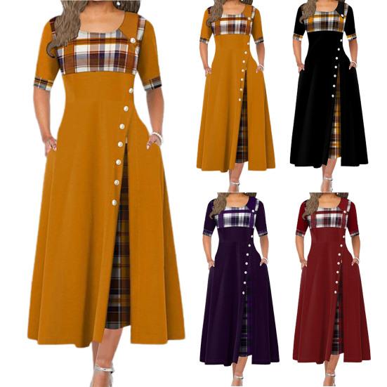 Enaguas de Señora Talla Grande Vestido de Verano Patchwork Estampado a Cuadros Poliéster Señoras Hermoso Vestido de Mujer para Viaje