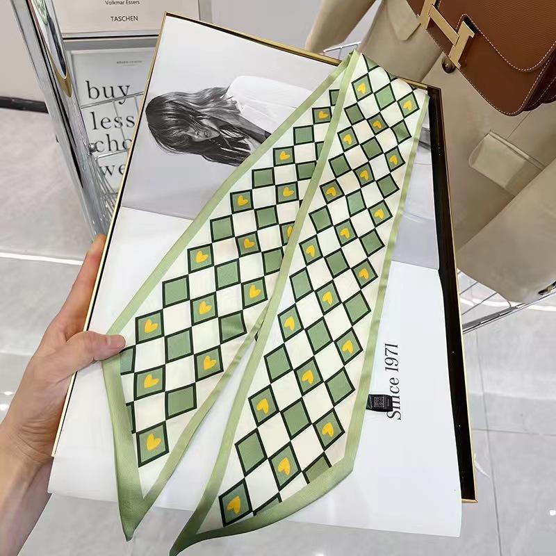 Small White And Tender Green Silk Scarf For Women, Thin Streamer, Headband, Hair Tie, Bag Decoration Long
