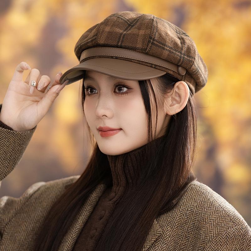Flattening Cap Women, Beret Newsboy Hat for Small Face, British Style Autumn Winter Octagonal Hat