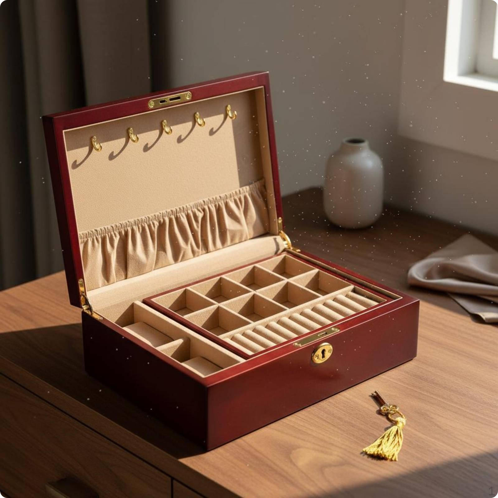 Wooden Jewelry Box Chinese Style Organizer MultiCompartment Wine Red Upgraded Wine Red Upgraded