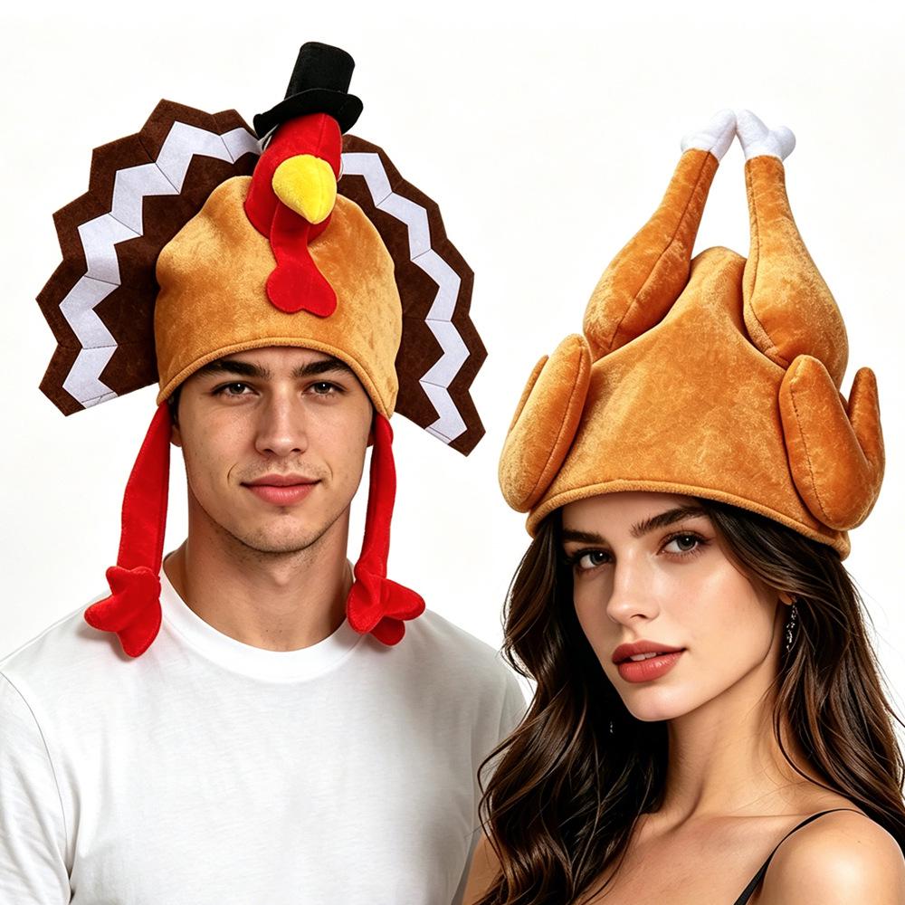 Thanksgiving Turkey Hat - Cartoon Chicken Leg Headband, Gold Velvet Costume for Party or Carnival.