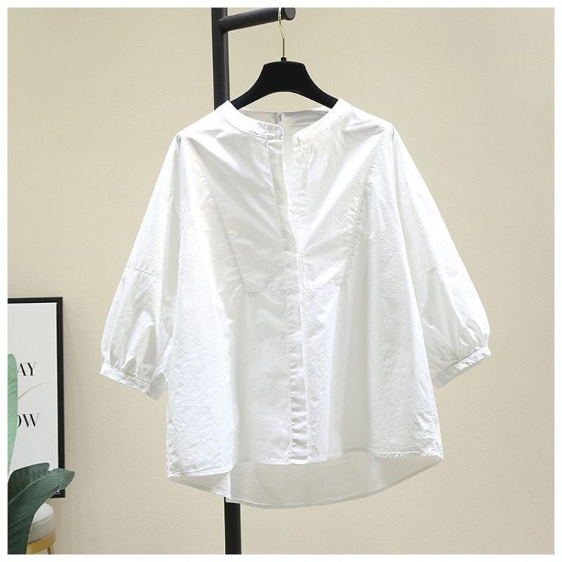 Women's Light Blue Round Neck Blouse 3/4 Puff Sleeves Loose Comfortable Casual Shirts