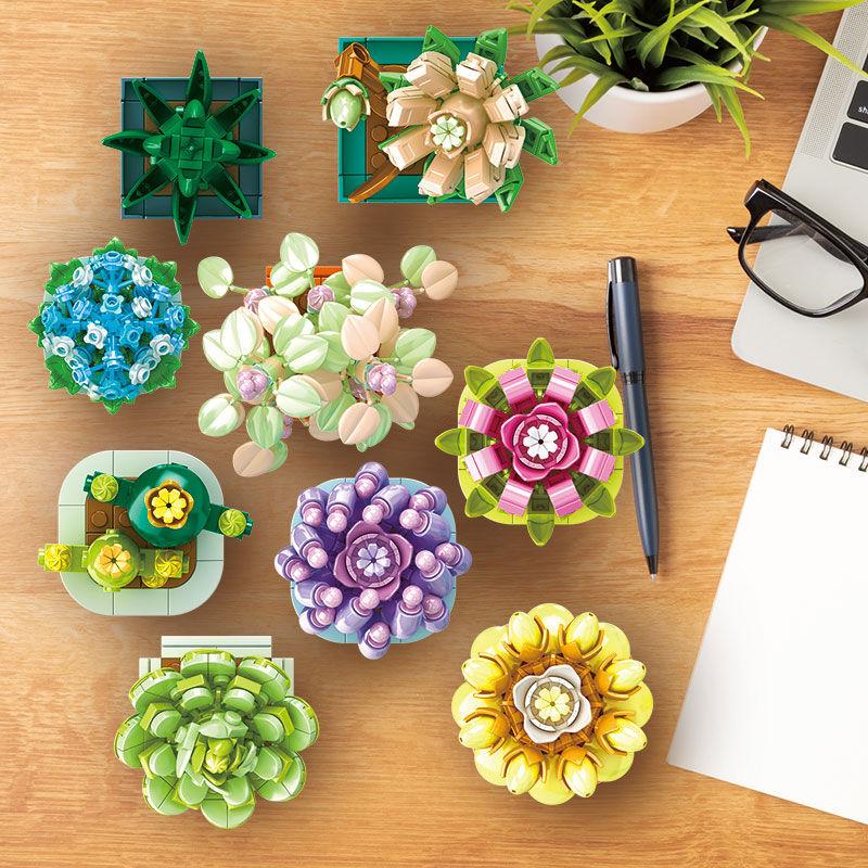 832Pcs Moc Flower Succulent Potted Model Construction Block Diy Eternal Bouquet Household Table Plant Decoration Brick Girl Gift Children Toy