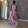 European and American women's clothing summer new temperament design pleated printing slim-fitting long sleeveless dress