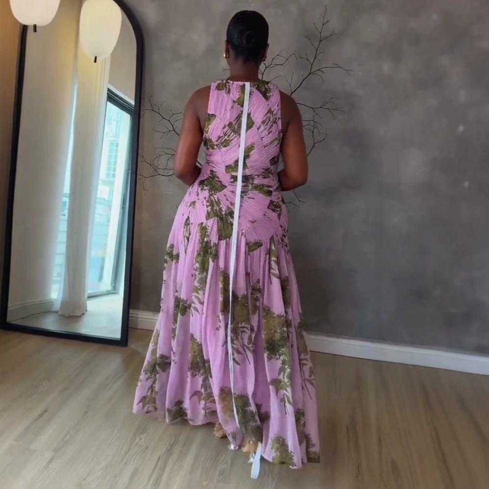 European and American women's clothing summer new temperament design pleated printing slim-fitting long sleeveless dress
