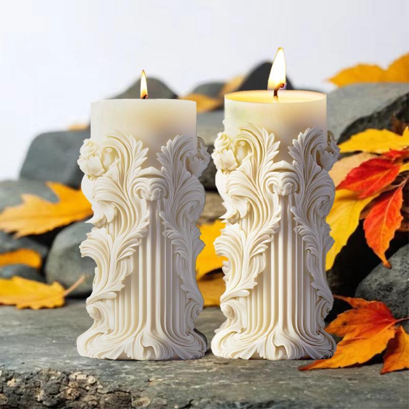 Wave Pattern Relief Cylindrical Candle Silicone Mold Rattan Flower Carving Roman Column Candle Mould Curved Column Resin Molds