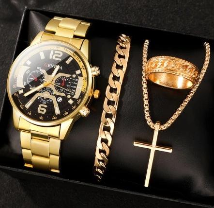 Fashion Men'S Steel Belt Casual Business Calendar Quartz Watch Ring Cross Necklace Bracelet Set