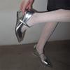Silver Pointed High Heels Spring and Summer Wedge Heels Small Leather Shoes Light Mouth One-word Buckle Mary Jane Single Shoes
