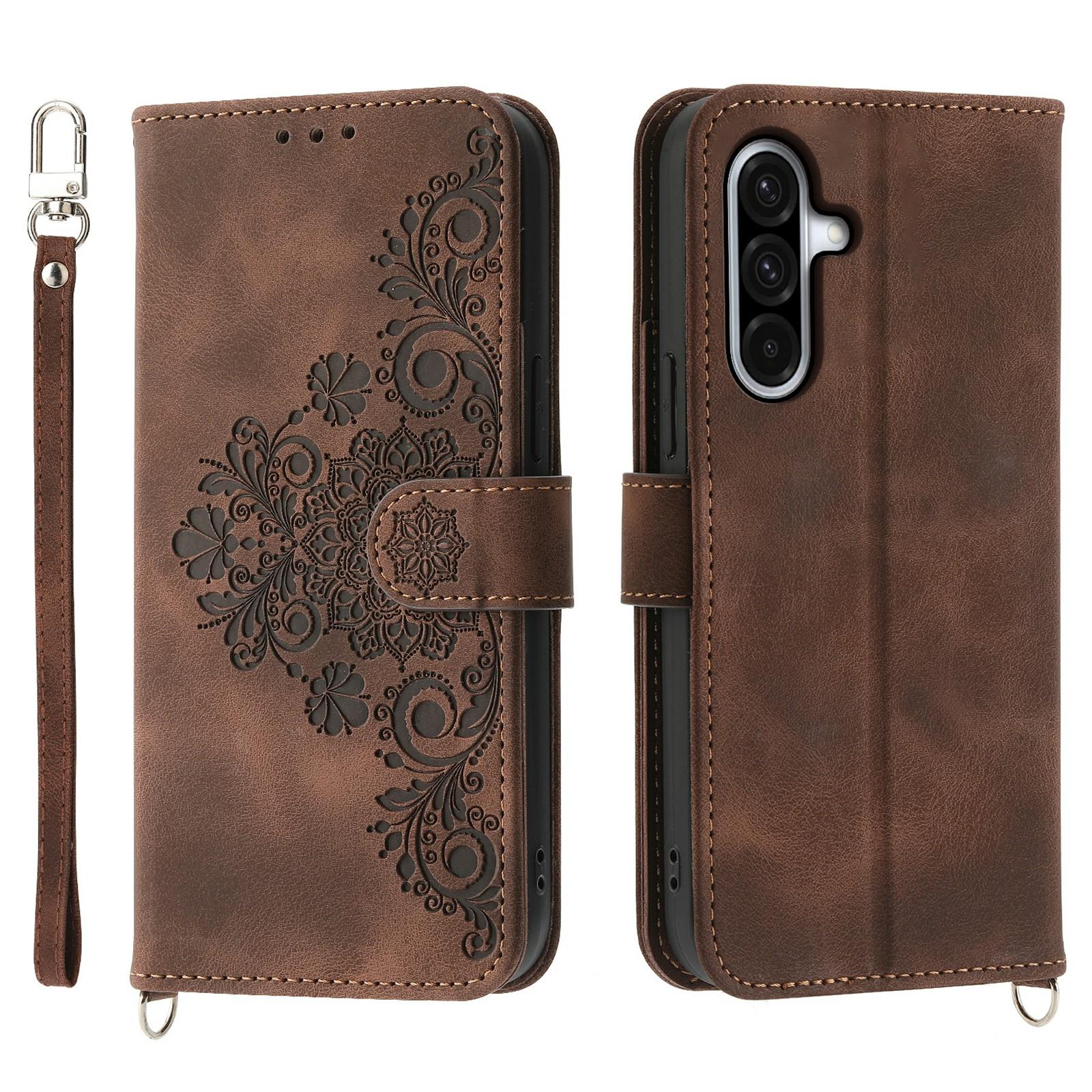 

Чохол для телефону Samsung Galaxy A56 5G зі штучної шкіри з квітковим візерунком та ремінцем Brown