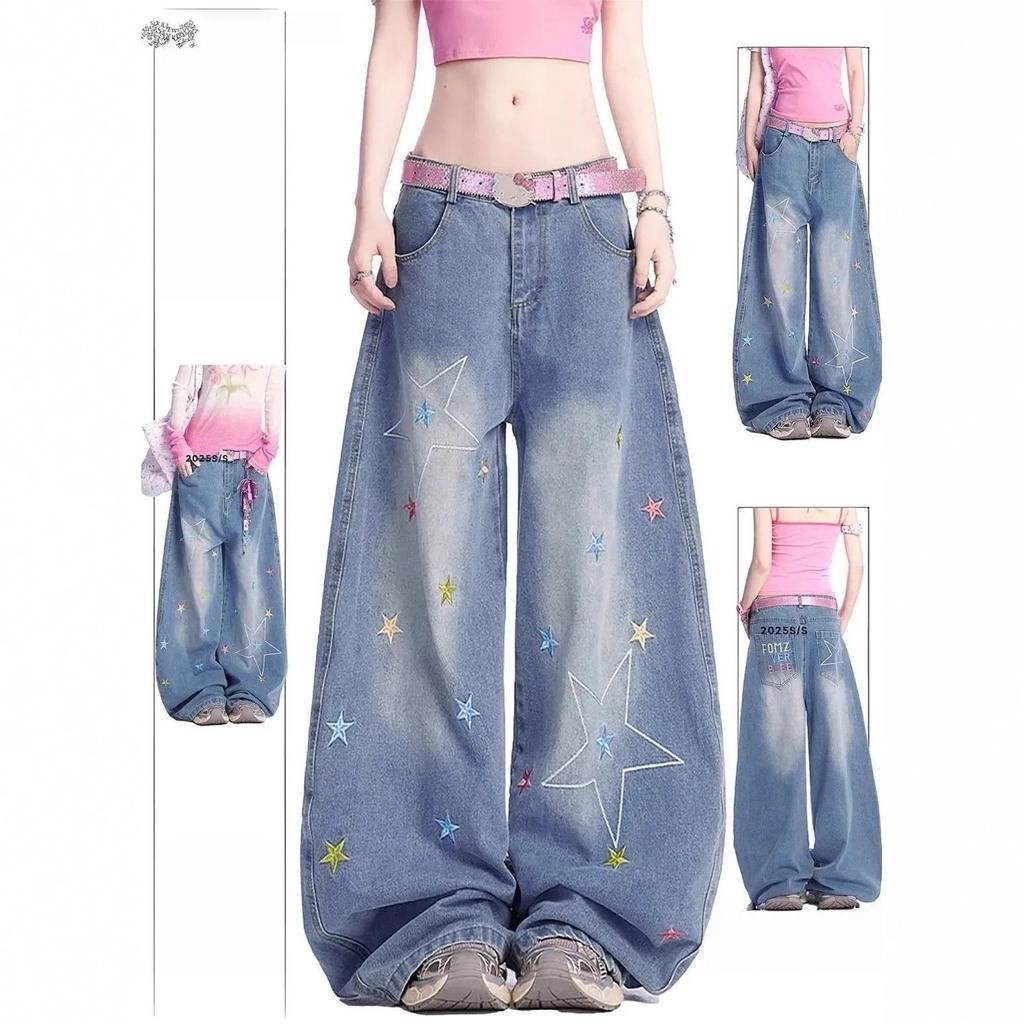 Women American Star Embroidered Wide Leg Jeans Vintage Washed Baggy Curved Cut Denim Pants Fashion Design Loose Streetwear Long Trousers