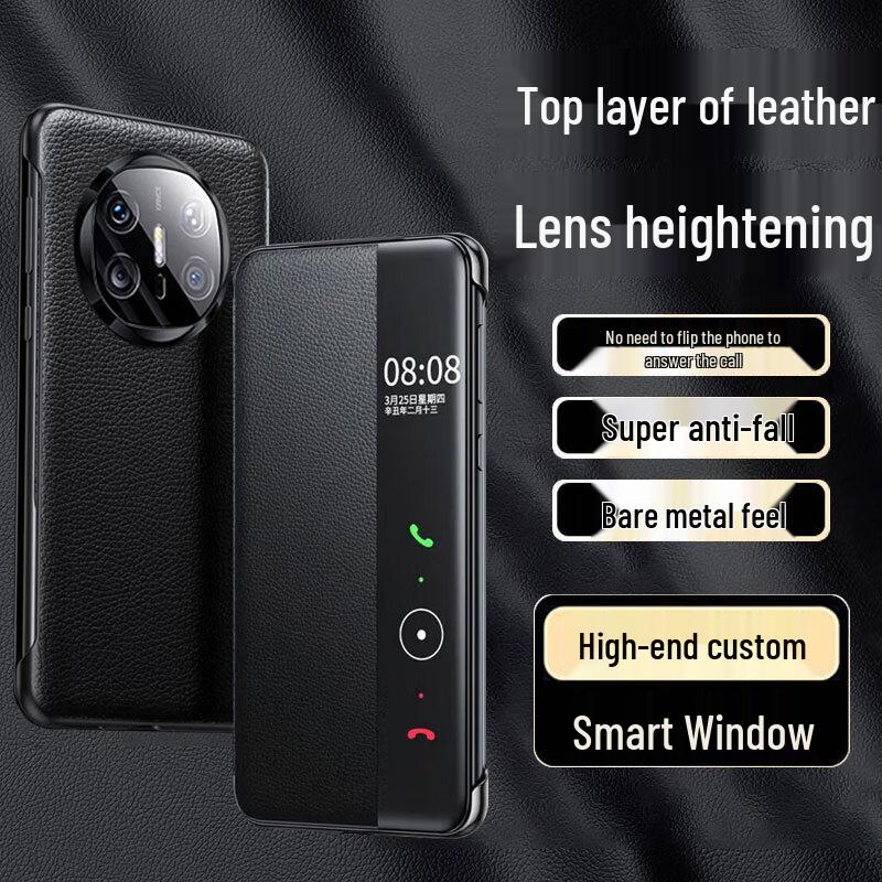 EDDGA Top Grain Leather Smart View Flip Phone Case for Huawei