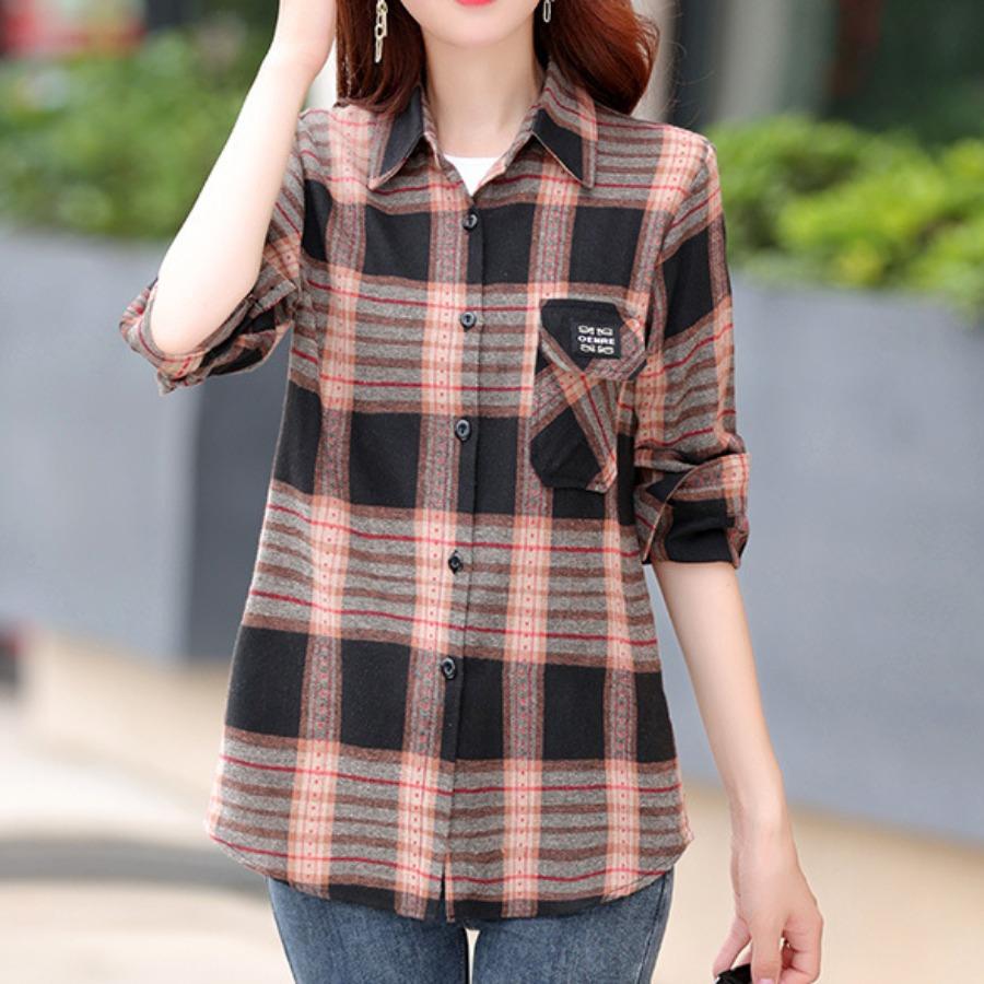 

Ретро зеленая клетчатая рубашка, простые топы, весенне-осенние рубашки с лацканами и длинными рукавами, женская хлопковая блузка с начесом, азиатский размер XXL красный