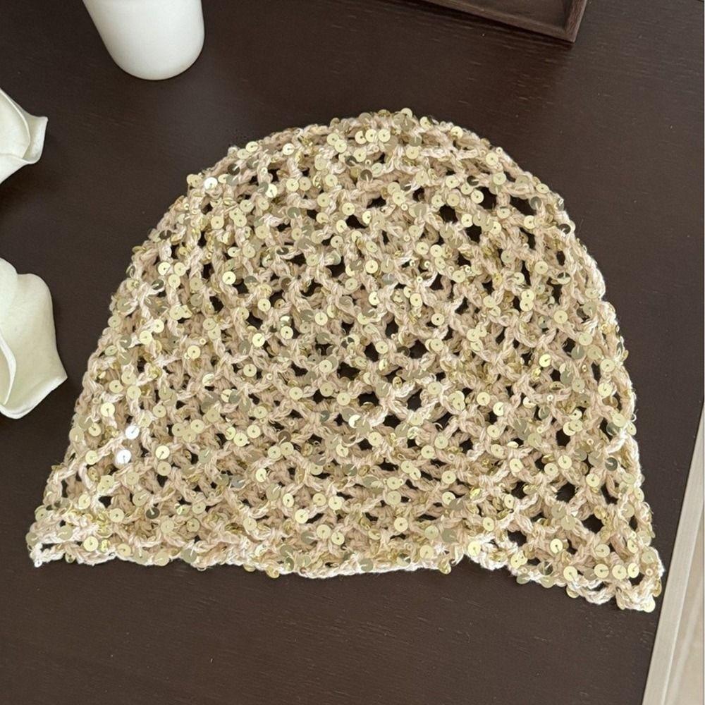 

Панама с пайетками в стиле Y2k, ажурная шапка-бини, ретро вязаная шапка с пайетками, уличная одежда бежевый