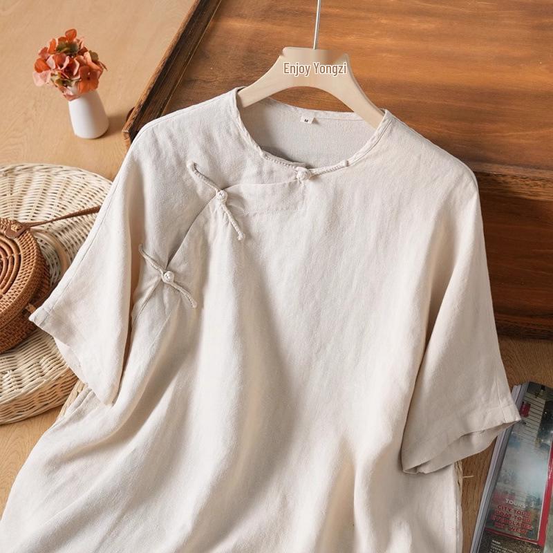 2026 Summer Women's Asymmetrical Cotton Linen Tea Ceremony Shirt