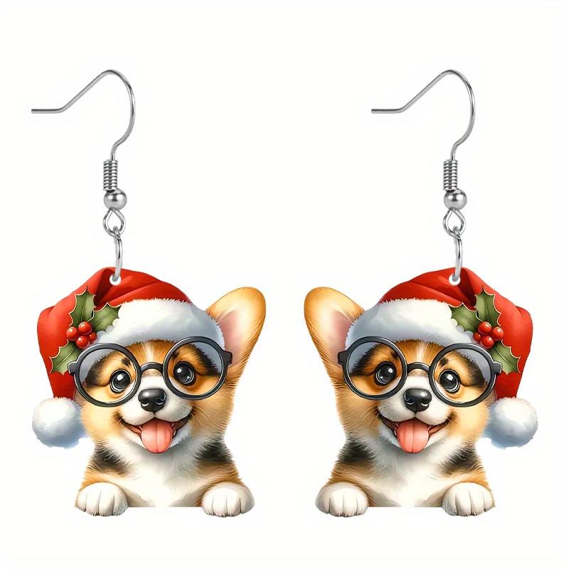 

1 пара акриловых рождественских серег-подвесок с узором собаки корги и рождественской шляпой для женщин