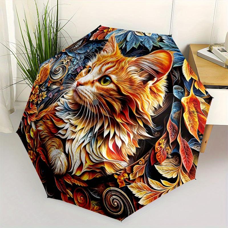 1pc Cat Art Printn Automatic Folding Umbrella, Portable & Foldable Design with 8 Ribs, Casual Outdoor Accessory Halloween and Christmas Gift