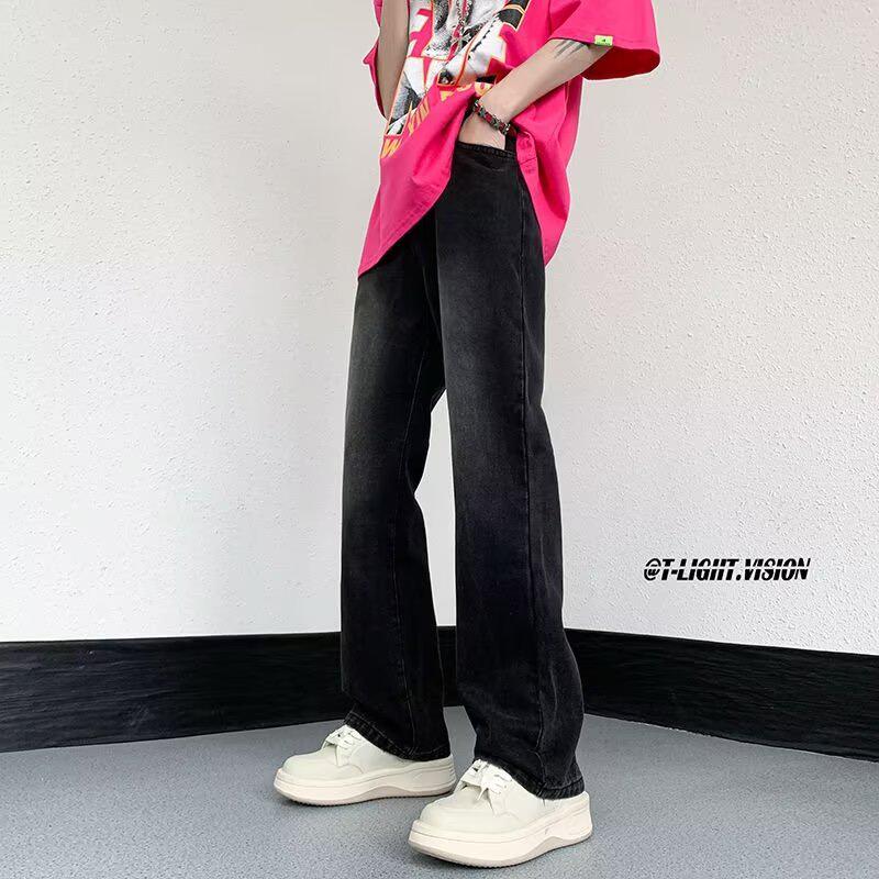 Men's American Retro Washed Wide-Leg Jeans with Big Pockets - Loose Straight-Leg Workwear Pants for Spring & Autumn.