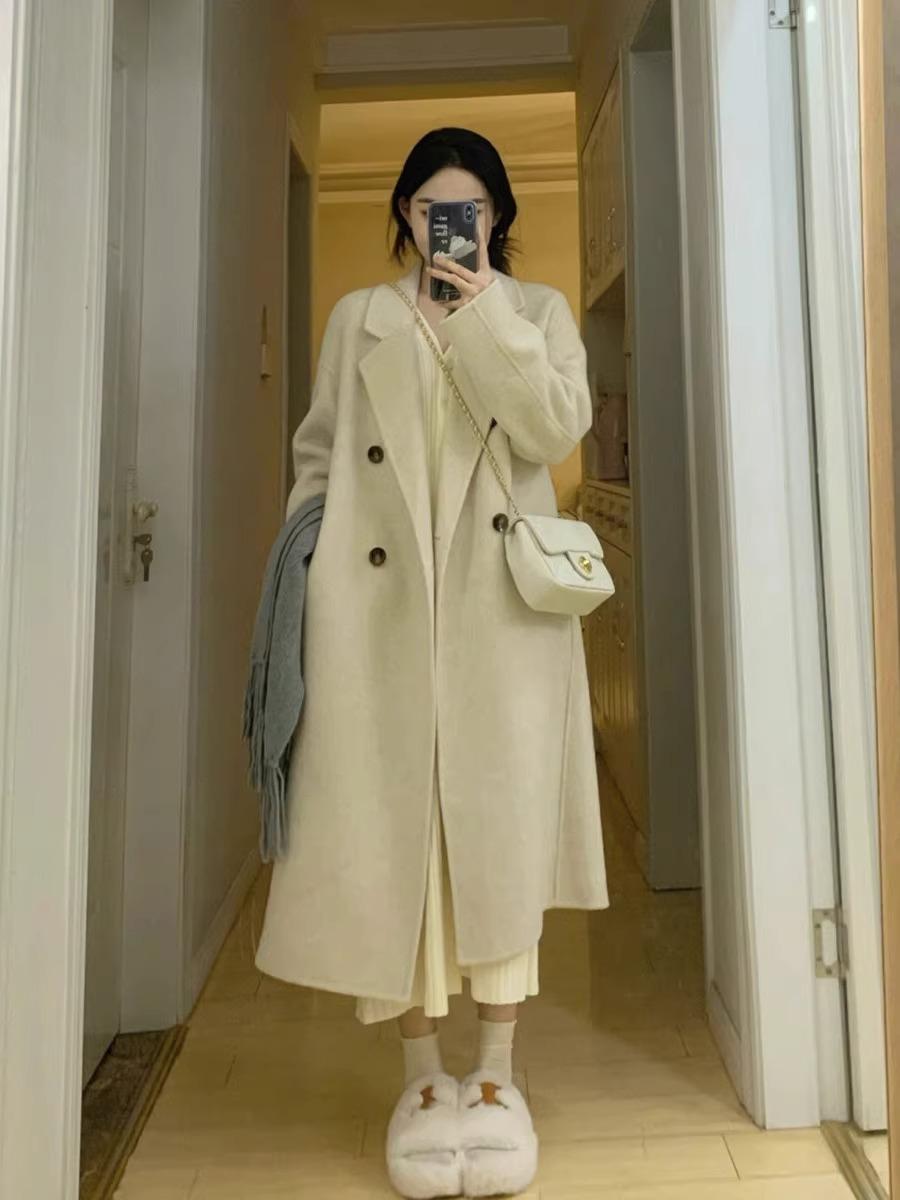 

Осенне-зимнее новое пальто из двухстороннего кашемира, средней длины, утолщенное, простое шерстяное пальто, женская одежда M 120-70 kg