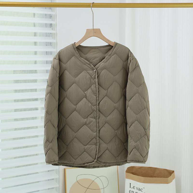 Women's Lightweight Collarless Down Jacket with Diamond Pattern - 2024 Autumn/Winter Collection, Casual V-Neck Layer.