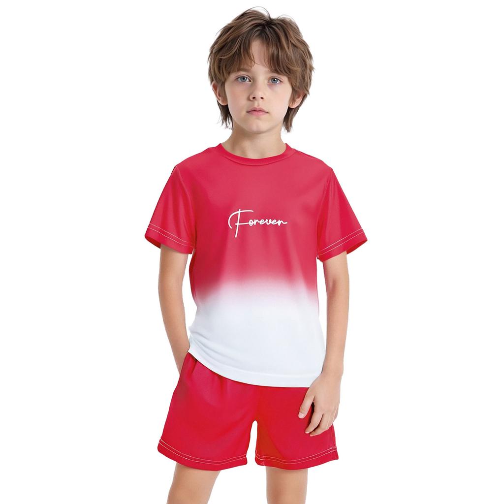 Boys Letter Print Gradient Sports Set Quick Drying Short Sleeve T-Shirt Drawstring Elastic Waist Shorts