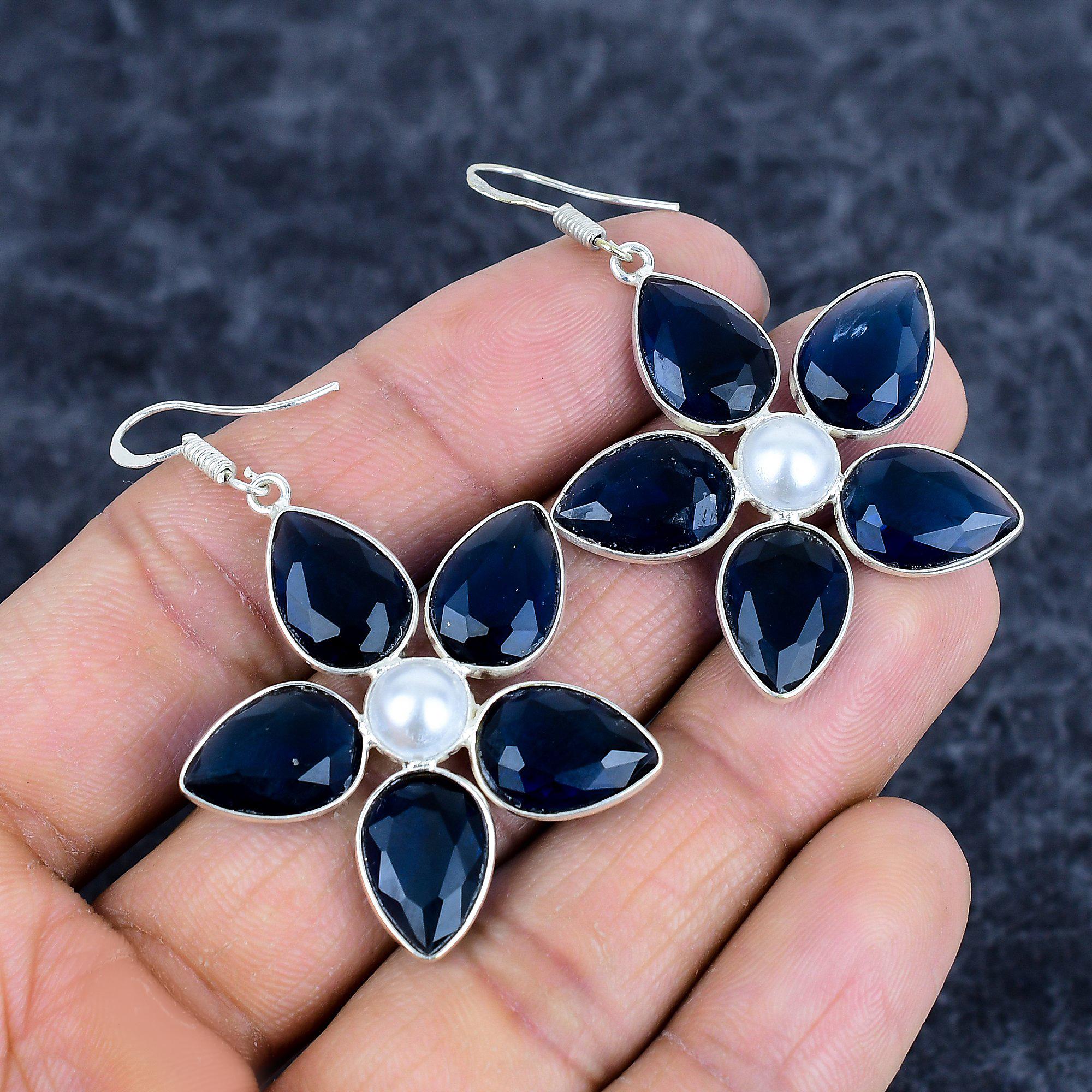 

Blue Topaz, Pearl Gemstone 925Sterling Silver Jewelry Earring 2.17 M-3149