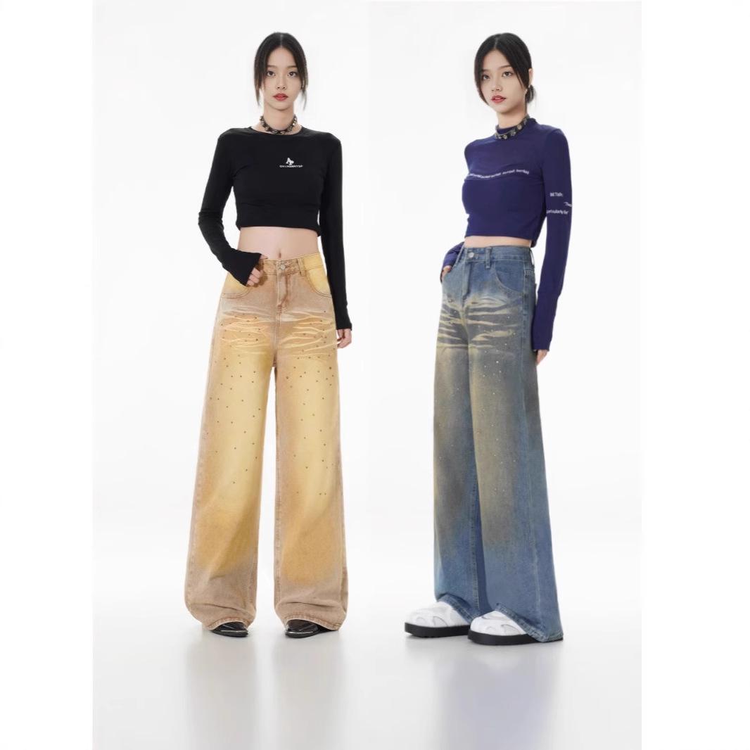 

2024 Women s Distressed Retro Wide-Leg Jeans: Slimming, Versatile, and Stylish Straight-Leg Pants 3XL жёлтый