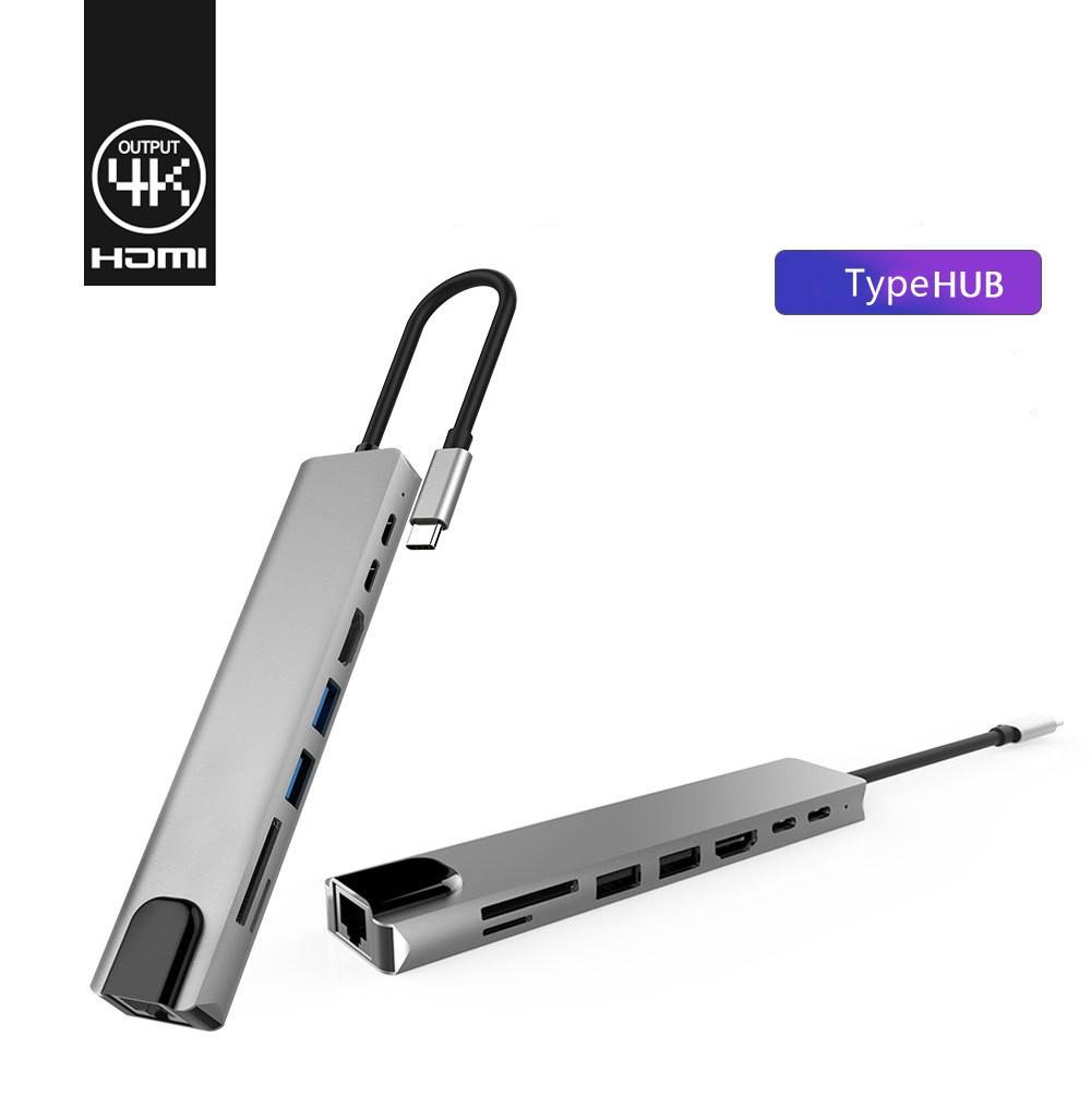 USB Type C Hub 8 in 1 USB 3.0 Type-C Hub 4K HDMI Portable PD Fast Charging Docking Station Multiport Adapter серый
