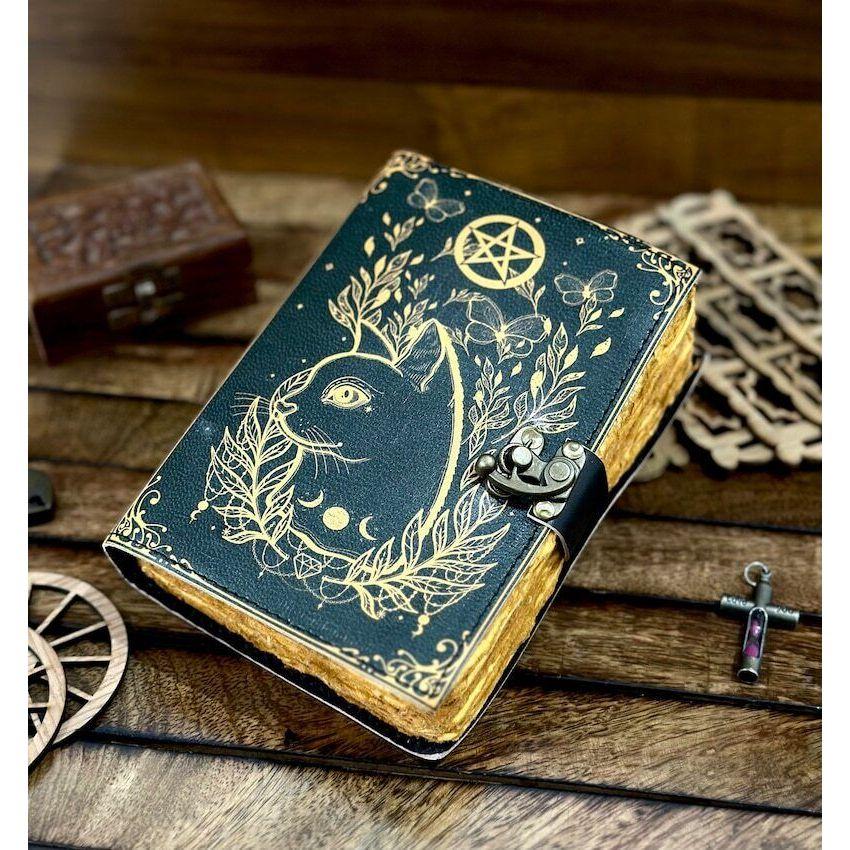 Grimoire journal Leather Print caltic cat journal Blank spell book of shadows