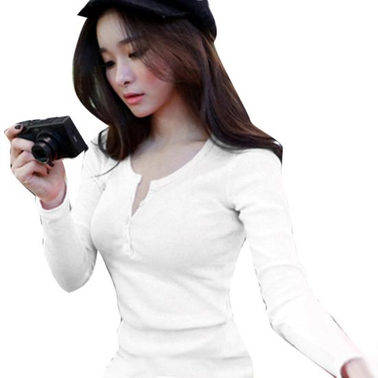 Damska bluzka T-shirt z długim rękawem, prążkowana, jednolita, z okrągłym dekoltem, zapinana na guziki, dopasowana