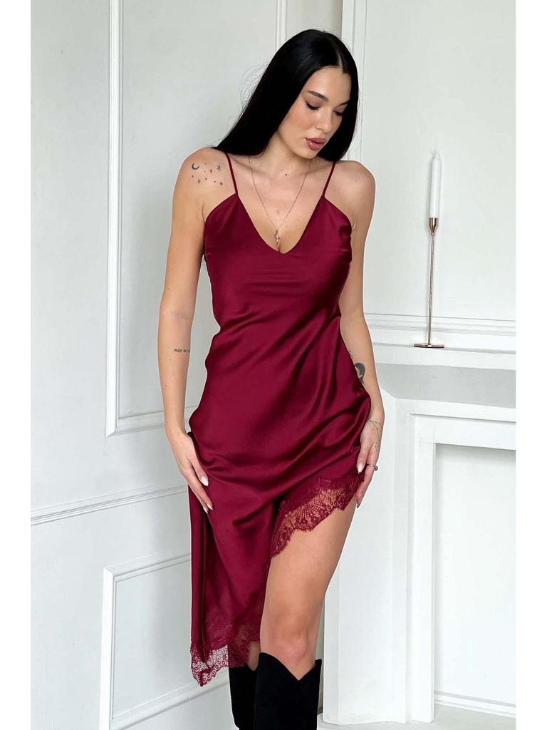S32370 Off-shoulder V-neck Backless Color Block Lace Camisole Silk Satin Dress