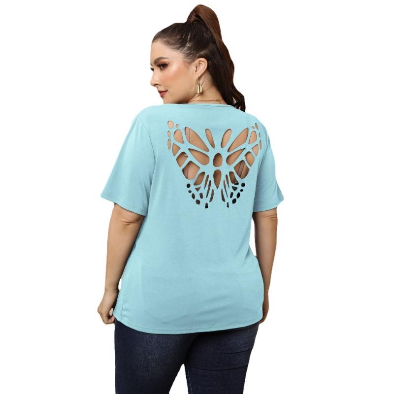 Summer Women's T-shirt Plus Size Sexy Backless Butterfly Hollow Short Sleeve Top Round Neck Casual T-Shirt