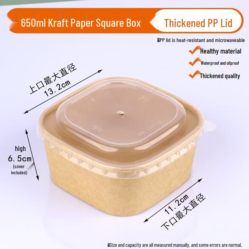 

650ml Disposable Kraft Paper Square Food Containers with Lids