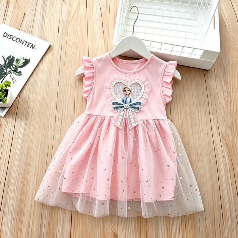 Girls' Elsa Princess Pink Star Mesh Dress - Short Sleeve Summer 2026 Edition
