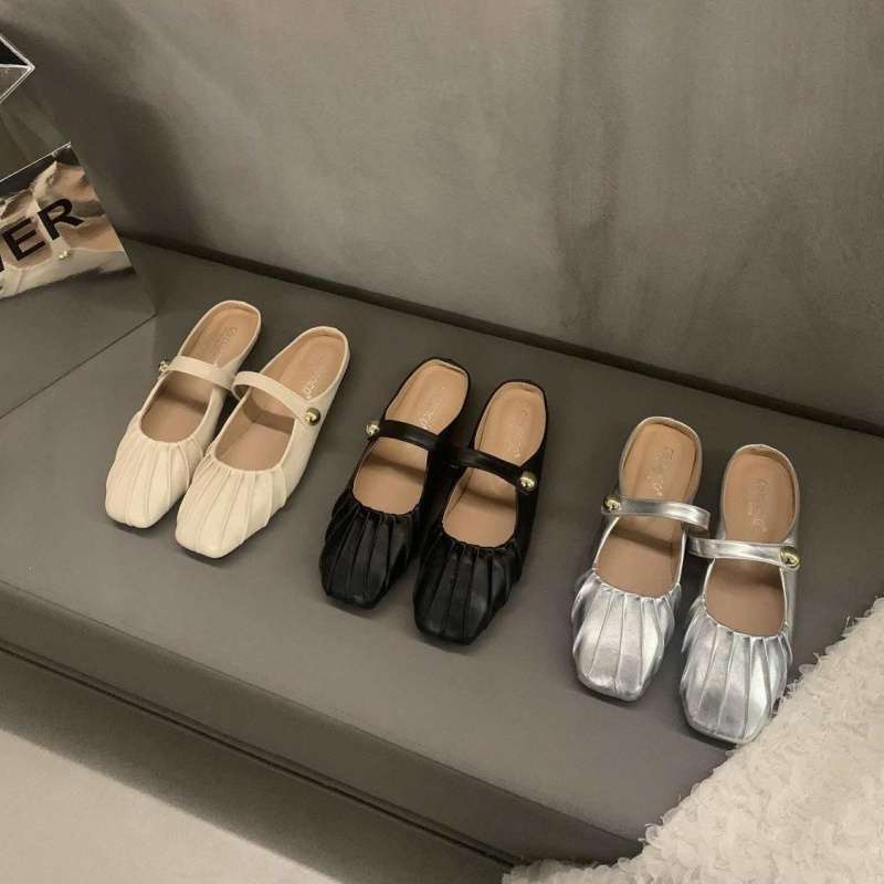Silver Flat-bottomed Bag Head Half Slippers Outer Wear 2025 Summer New Mother Mary Jane Muller Women Sandals Single Shoes