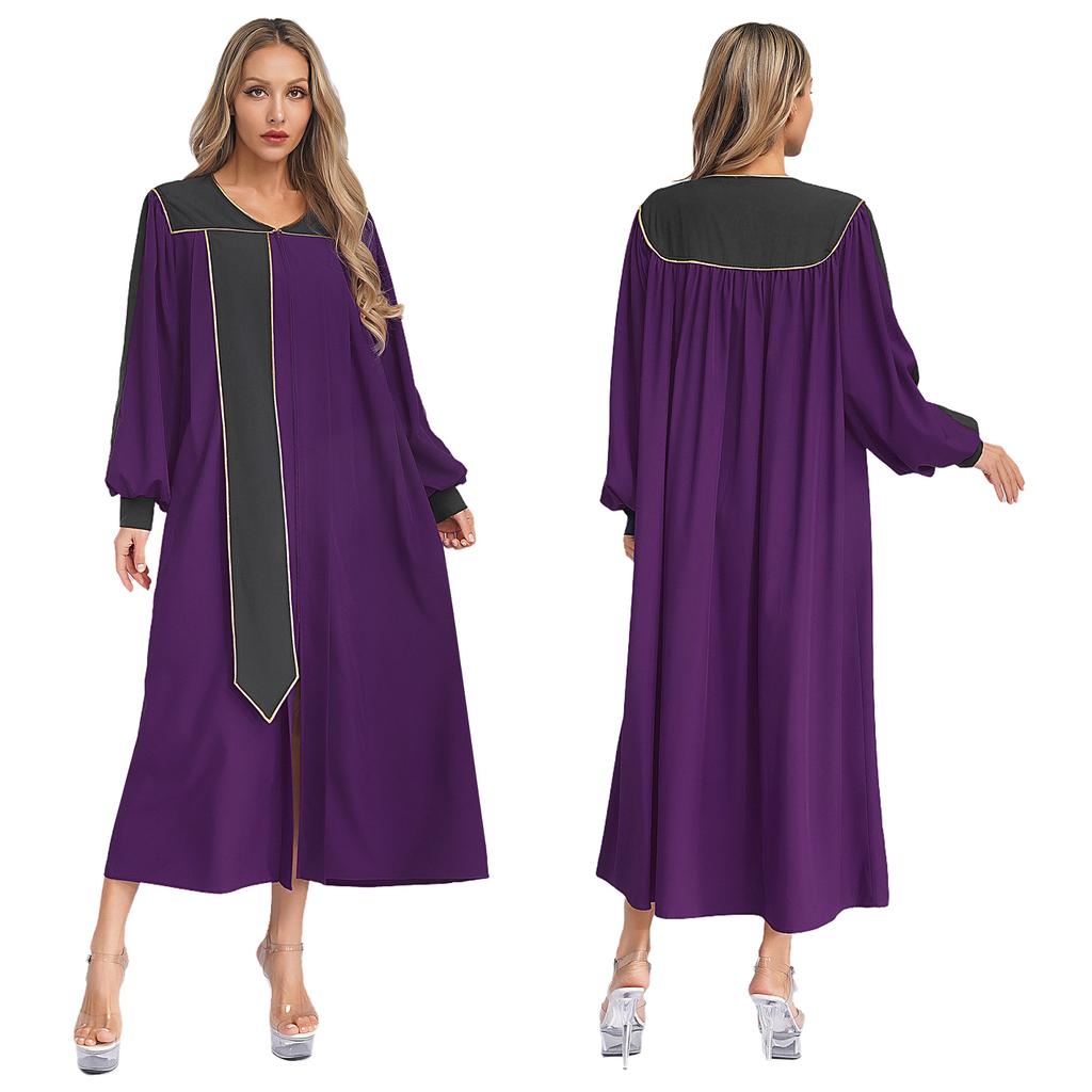XS-XXL Women’s Stage Performance Robe: V-Neck Puff Sleeves Color Block Gown with Front Split Zipper for Choir