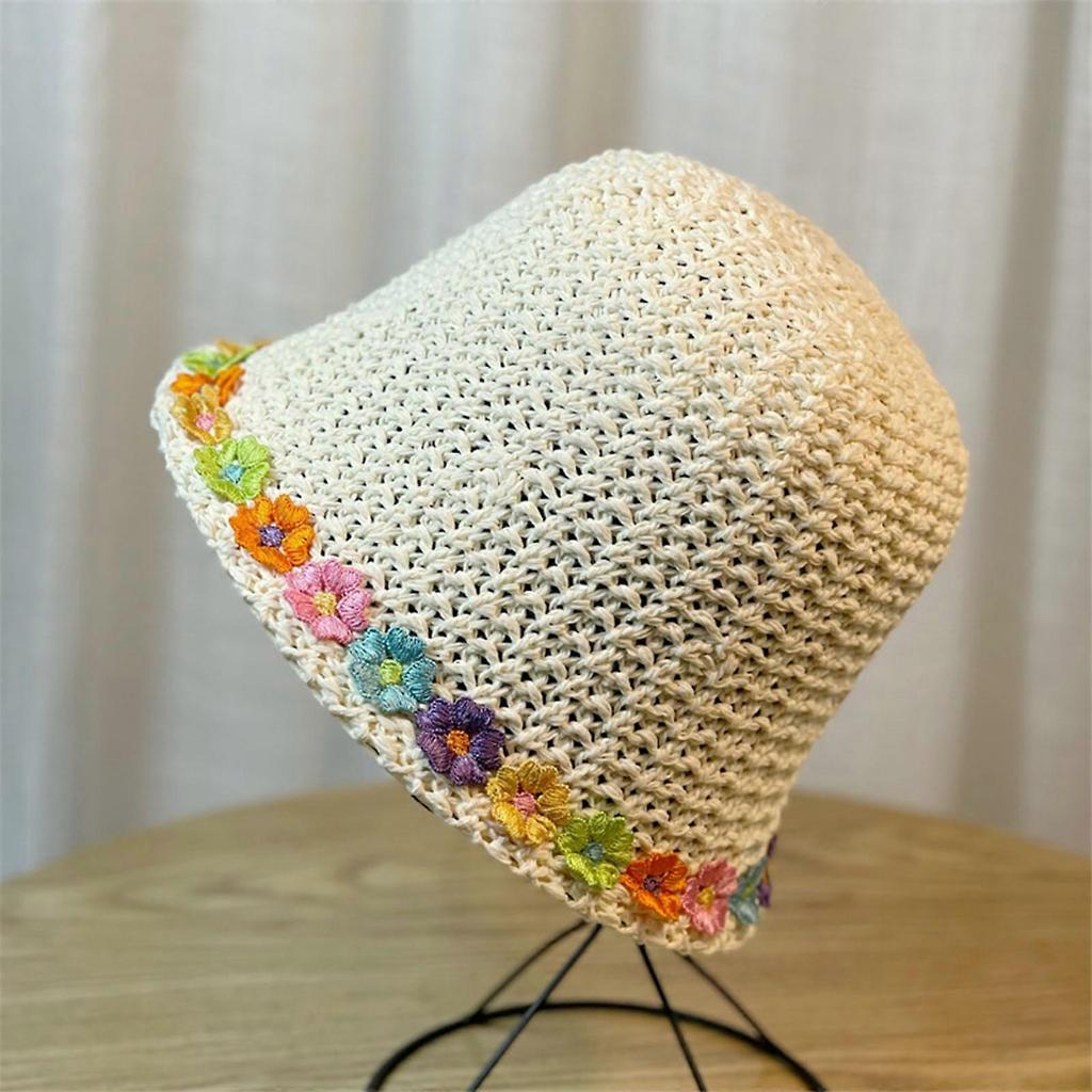Girls Teens Crochet Bucket Hat with Flower Decals Woman Straw Weaving Floppy Hat Teens Summer Spring Camping Sun Hat  White One Size