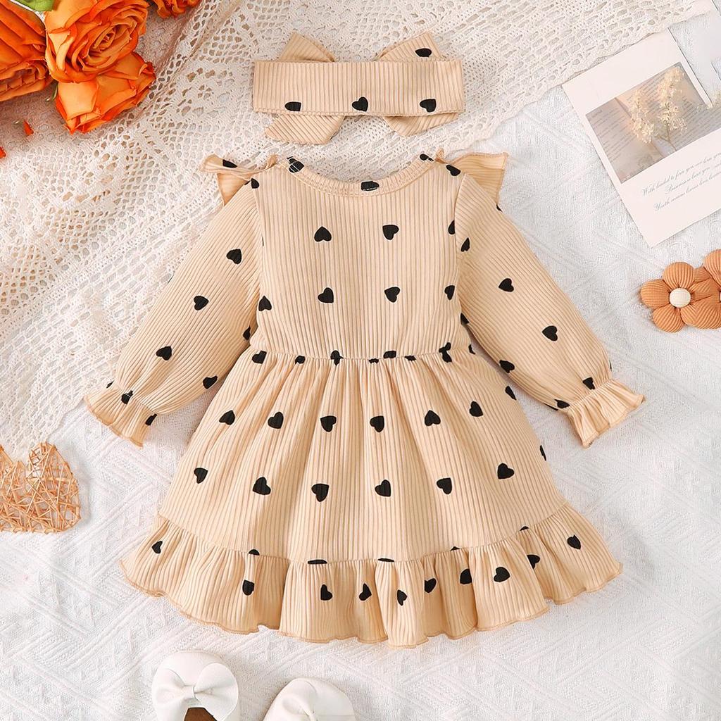 0-18 Months Baby Girl Clothes Sweet 2Pcs Dress Set Ruffle Heart Print Dress with Matching Headband Infant Autumn Casual Outfit