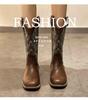 He Sui Style Versatile Western Cowboy Boots: Summer Chunky Heel, Embroidered, Pull-On Mid-Calf with Square Toe, Riding Boots In Plus Size.