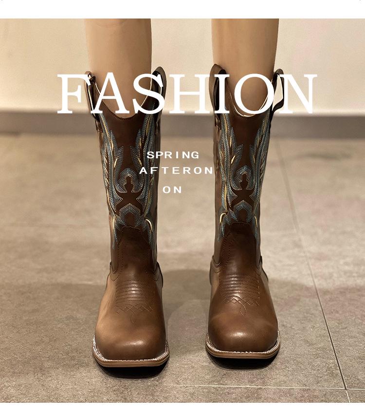 He Sui Style Versatile Western Cowboy Boots: Summer Chunky Heel, Embroidered, Pull-On Mid-Calf with Square Toe, Riding Boots In Plus Size.