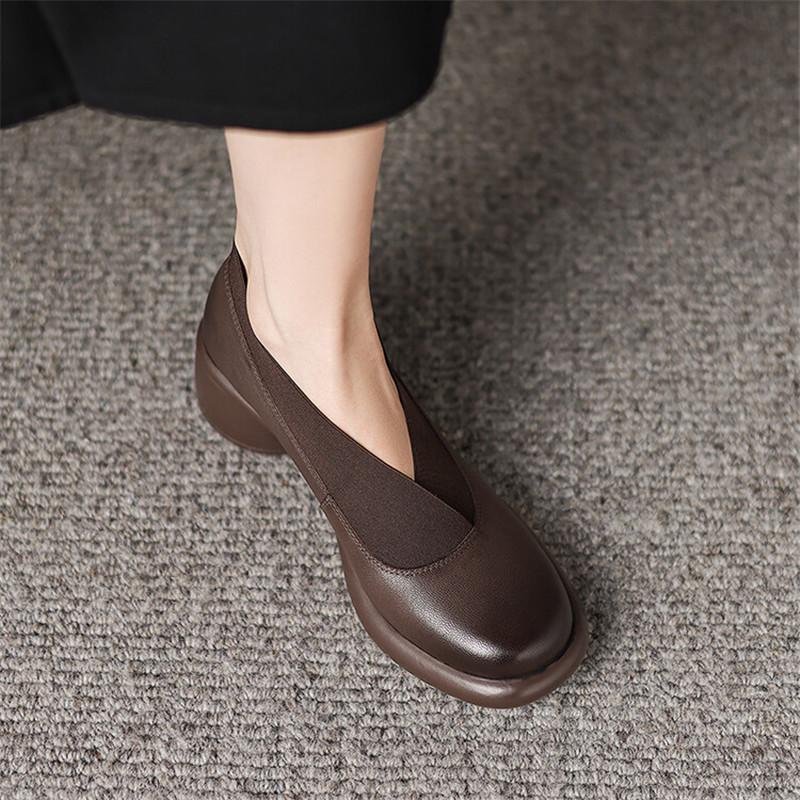 Fashion Hot New Spring Split Leather Women Shoes Round Toe Women Pumps Shoes for Women Chunky Heels Deep Mouth Loafers Zapatos Mujer