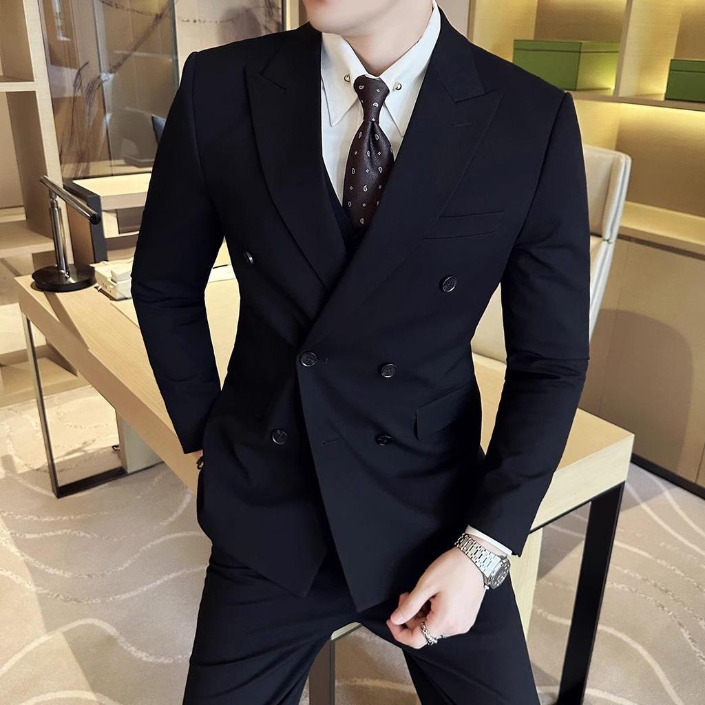 Men's Slim Fit Double-Breasted Suit - British Style Business & Wedding Attire