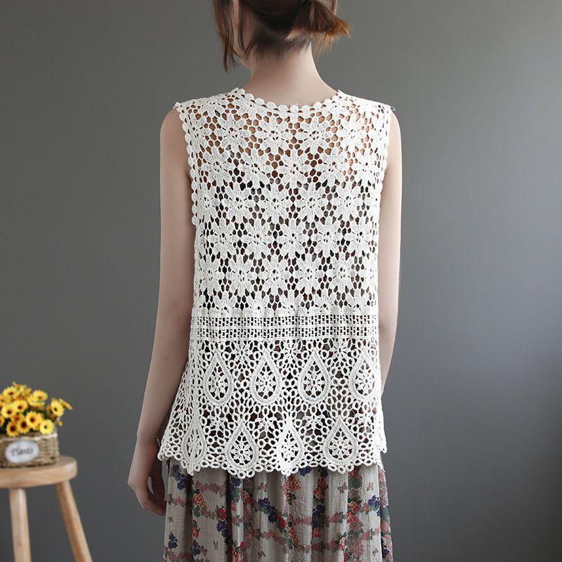Summer Women Lace Vest Loose Cut-out Cardigan Vest Bohemian Style Cotton Woven Open Front Vest Thin Outwear